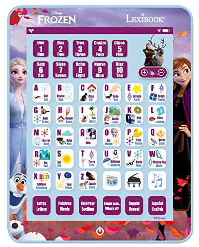 LEXiBOOK Disney Frozen, Educational Bilingual Learning Tablet, Learn Letters Numbers Words Spelling and Music, English/Spanish Languages, Blue, JCPAD002FZi2