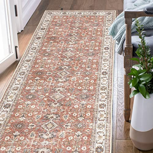 TOPICK Runner Rug 60x180cm Hallway Runner Entrance Washable Floral Taupe Grey Kitchen Rug Thin Non Slip Carpet for Bedroom Living Room