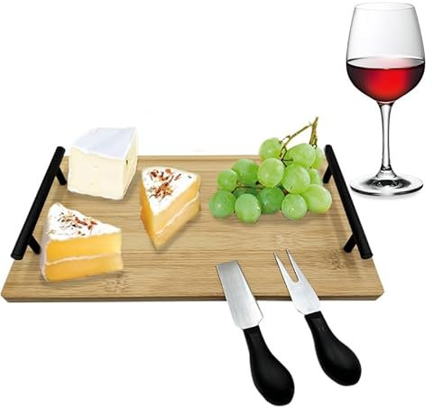 Vassoio da Portata per Formaggi in Bambù RO002, misura 35x20 cm, Tagliere Rettangolare con manici Neri e 2 Coltelli da Formaggio, Vassoio per servire Salumi e Formaggi, Idea Regalo