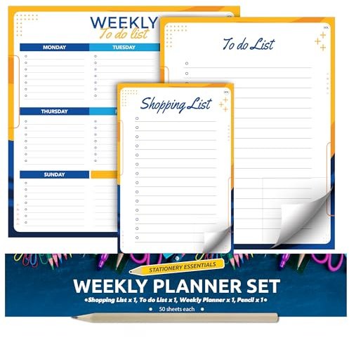 SOL 3-in-1 Weekly Planner, To do List & Shopping List Pad Set, Tear-off 50 Sheets Each, Minimalist Desk Organiser for Productivity, Tasks, Planning Schedule for Home & Office Use
