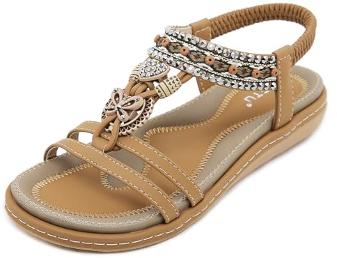 Acfoda Sandali Donna Estive Tacco Bassi Comode Eleganti Infradito Gioiello Ciabatte da Spiaggia Casual Antiscivolo Scarpe con Strass Marrone 38 EU = 39 CN