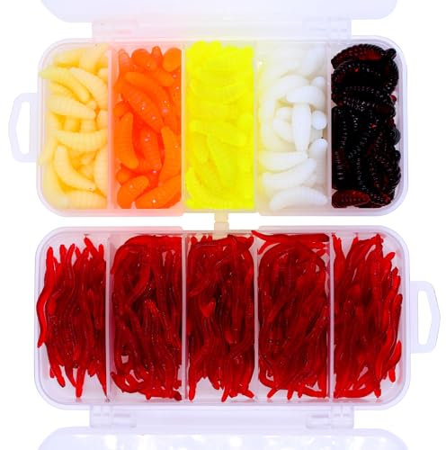 TETEWEVER 350 Stück Künstliche Köder Set Silikon Angelköder Kunstköder 150 Mehlwurm + 200 Regenwurm Köder Angeln Forellenköder