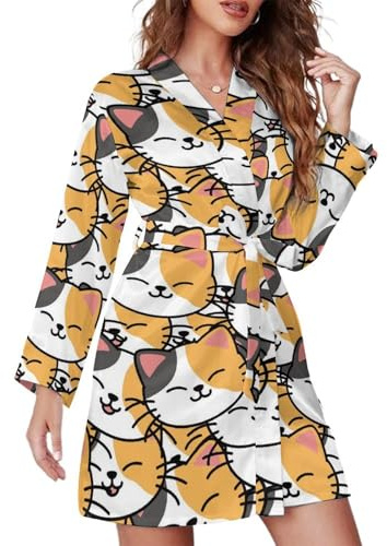 TZTTZT Bata corta de manga larga para mujer, linda caricatura sonriente con cara de gato sonriente, bata de baño suave con cinturón, ropa de dormir, Negro, M