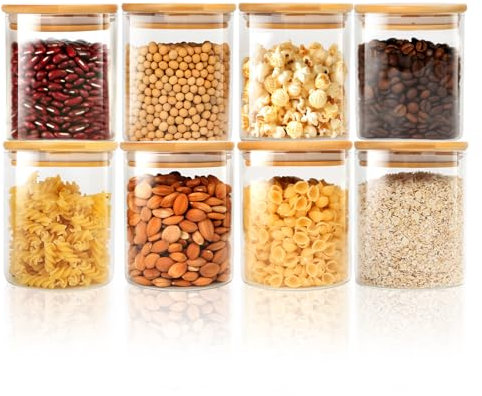 FoiiLiio 500ml Tarros de Cristal, Hermético Juego de 8 Botes de Cristal con Tapa de Bambu, para Cereales Judías Avena - Φ8.5x10cm