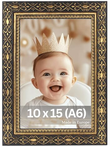 VictoR Vermeer Vintage bildram svart guld 10 x 15 cm (A6) – antik barockram med akrylglas – robust MDF bakpanel – för porträtt och landskapsformat – A4 bildram svart guld