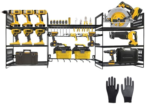Organiseur d'outils électriques, Étagère murale de rangement pour outils électriques, Support à 3 niveaux pour perceuses avec rangement latéral pour tournevis, Organiseur d'étagère de rangement