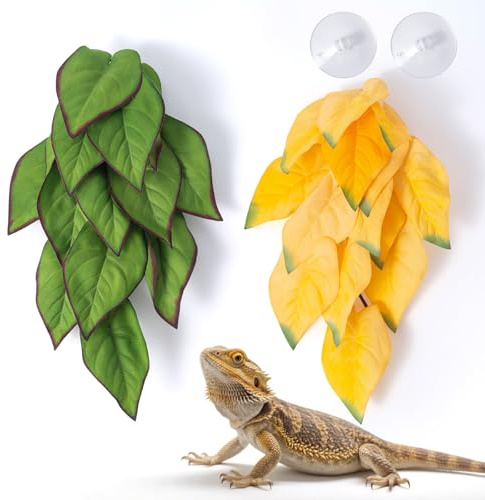 SLSON 2Pcs Reptile Hanging Plants with Suction Cup for Terrarium Accessories, Artificial Hanging Vines Plants for Geckos Bearded Dragon Lizard Chameleon Habitat Decoration (Green, Yellow)