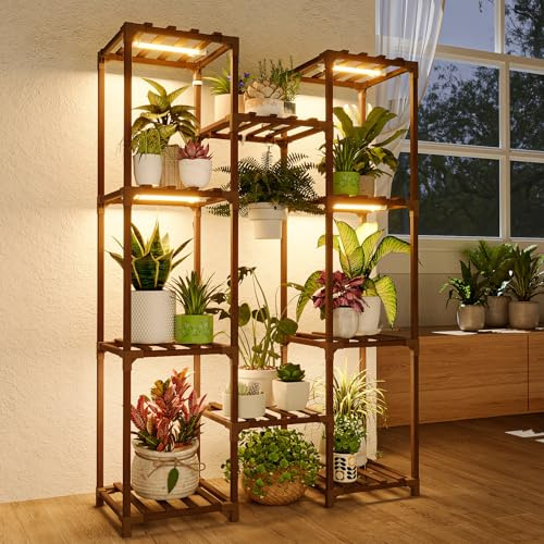 Bamworld Porta piante con lampada per la crescita, scaffale per piante a più livelli, supporto per fiori da interno, mensola decorativa per casa e balcone