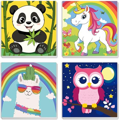 MXJSUA 4 Pack Cute Cartoon Animals Paint by Numbers Kit with Framed Canvas for Ages 6-12 Kids, Paint by Numbers Kits for Children Beginners, Acrylic Oil Painting for Home Wall Decor Gift (8x8 inch)