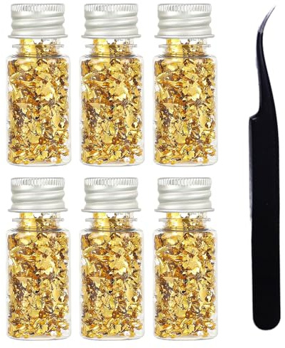 6 Bottles Gold Leaf Sheets,Decoration Baking Food Chocolates Decor with Tweezer for DIY Crafts Cooking Dessert Steak Drinks Nail Art Candles Makeup Painting,24k Gold Leaf,Restaurant Dessert Decoration