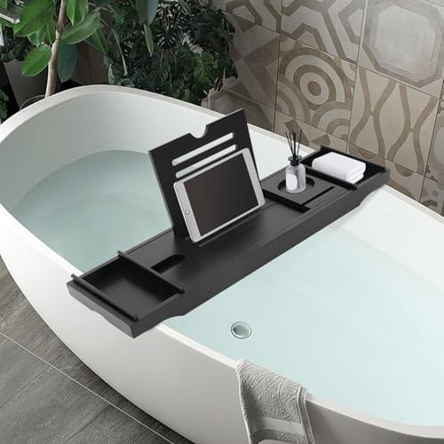 WindWilder Wooden Bath Tray Adjustable Length 75-111cm, Home Spa Boards Bamboo, Expandable Bathtub Shelf for Candle Towel, Book, Wine, Phone, Shower, Black
