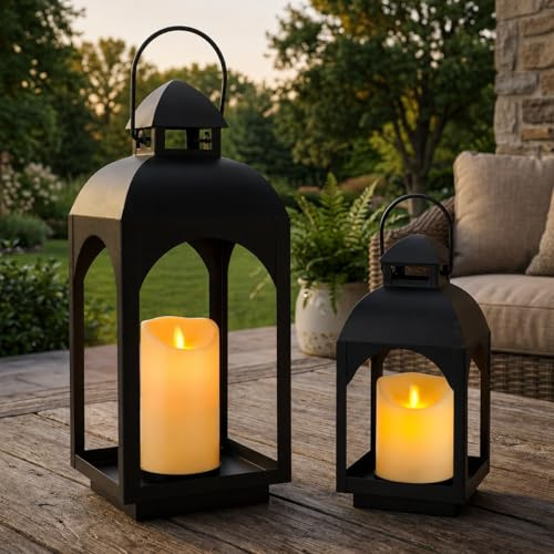 JHY DESIGN 2-pack lyxig lykta dekorativ 14,5 cm H svart metall orkanlyktor med klara glaspaneler för veranda, bordsskiva, mantel, väggupphängning eller trädgårdsvisning, inomhus och utomhus