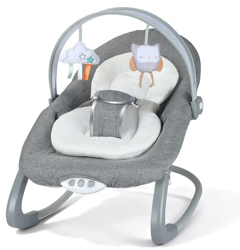 Babywippe, mit Leinen Stühle und Sicherheitsgurten, 0–2 Jahre, Verstellbarer Winkel, Enthält 2 Plüschtiere, Wippe Baby mit Vibration & Musik & Abnehmbarem Spielzeuggeländer, Bis zu 9 KG