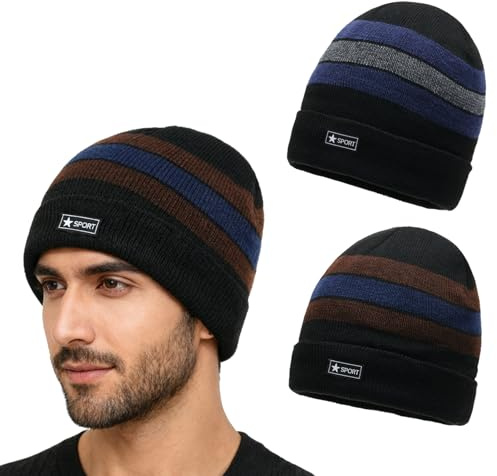 KASESSS Pack De 2 Gorros De Punto A Rayas para Hombre Gorro Hombre con Ribete Y Forro Polar CáLido EláSticos Y Suaves Gorro De Invierno Winter Hat Beanies para Trabajo, Deporte, Bicicleta