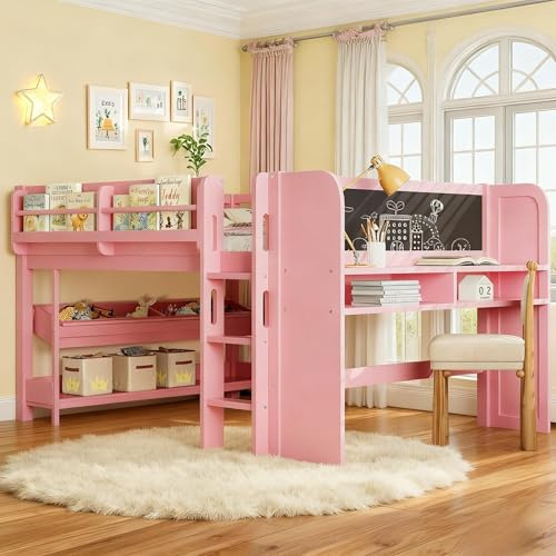 Bellemave Full Loft Bed with Storage Boxes and Bookshelves, Solid Wood Kids Loft Bed with Desk and Blackboard, Low Loft Beds Frame for Kids, Girls, Boys, Childlike Design, Pink