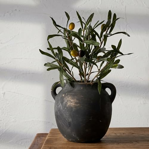 KRYSTHIA Keramisk blomvas med handtag, dekorativ svart vas, rustika terrakottavaser för heminredning, bondgård vintage vaser för vardagsrum, kök, sovrum, kontor, soffbord, 14 cm