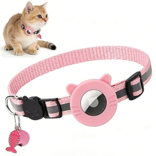 Collar Rosa para Gatos Airtag con Funda Protectora de Silicona, Collar Reflectante, Hebilla de Seguridad y Cascabel, Longitud Ajustable, Apto para Gatitos y Gatos Adultos (Airtag no Incluido)