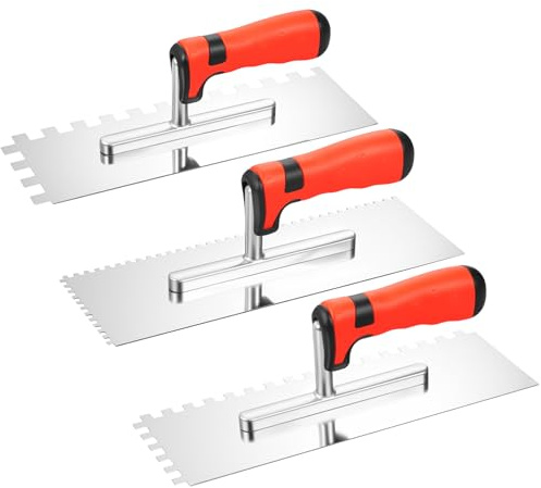 Juego de 3 paletas dentadas 4 x 4, 8 x 8, 12 x 12 mm, de acero inoxidable, espátula dentada, espátula para azulejos con mango suave, paleta de alisado de dientes para colocar azulejos, nivelación de