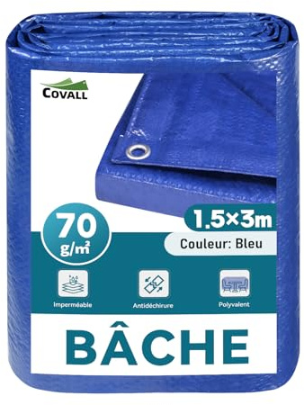 COVALL Waterproof Tarpaulin 1.5m x 3m, Ground Sheets for Camping, Blue | 70GSM Lightweight Tarp Cover, Tear Resistant, Rust-proof Reinforced Eyelets, Multi-Purpose for Outdoor Garden Pool