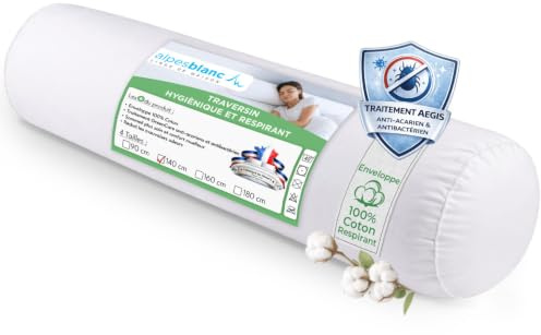 Alpes Blanc Traversin 140 cm - Anti-Acariens et Anti-Bactérien - Enveloppe 100% Coton - Lavable - Confort Moelleux - Fabrication Française