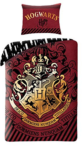 Harry Potter - Set di biancheria da letto double face, copripiumino 140 x 200 cm per letto singolo, in cotone, con lo stemma di Hogwarts