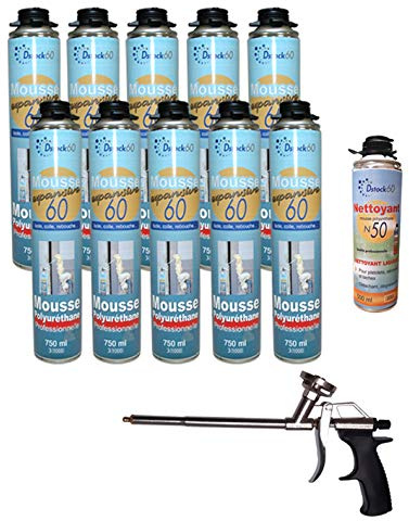 DSTOCK60 - LOT DE 10 MOUSSES PISTOLABLES + 1 PISTOLET + 1 NETTOYANT - MOUSSE EXPANSIVE 750 ML - MOUSSE POLYURÉTHANE PROFESSIONNELLE - ISOLE, COLLE ET REBOUCHE - EXTÉRIEUR ET INTÉRIEUR