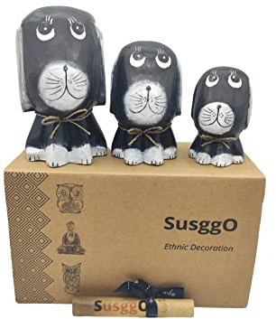 SusggO Set de 3 Perros de Madera – Perros Decorativos – Perros Figuras - Perros Decoracion - Perritos - Artesania - Tallado a Mano – Idea Adorno Mueble (Madera 3 Perros Negros D Blancos)