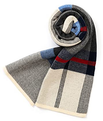 Villand Sciarpa Lavorata a Maglia Scozzese in Lana Merino Australiana per Uomo, Cravatte Calde e Morbide Invernali Scozzesi con Confezione Regalo, 30CM W x 180CM L (Tartan Grigio Blu)
