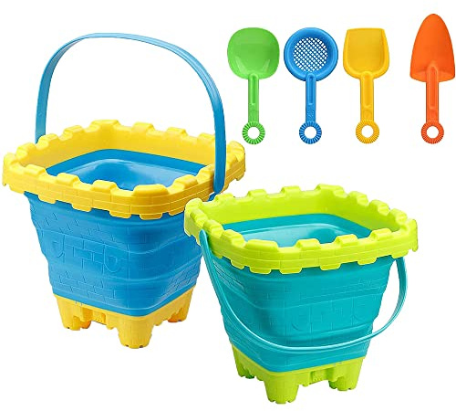 TRIXES Lot de 2 seau et pelle pliables – Idéal pour les vacances – Design en silicone – Minimise l'espace dans les bagages – Qualité supérieure – Cadeau d'été – 6 pièces