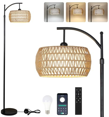 Arc Floor Lamp with Remote Control, Dimmable LED Floor Lamp with 3 Color Temperature, Black Standing Lamp with Rattan & Fabric Double Drum Shade, Boho Farmhouse Tall Pole Lamp for Living Room Bedroom