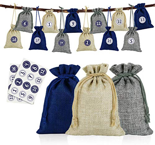 Naler 24pcs Advent Calendar Burlap Bags & Stickers for Christmas Countdown, Gift Bags 24 Days Hanging Sack for Candy, Snacks, Tree Decoration,Natural/Gray/Blue