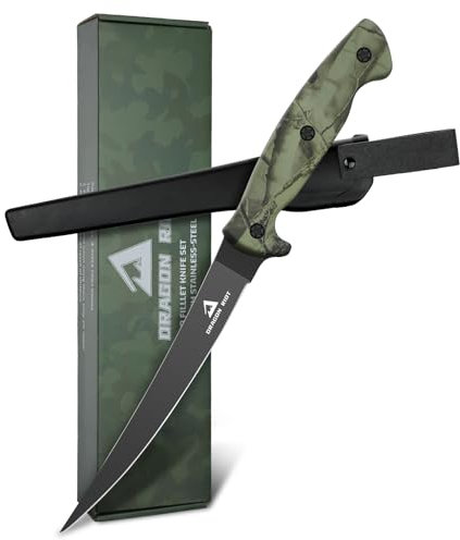DRAGON RIOT Coltello Per Sfilettare Il Pesce 16.5cm, Coltello Da Pesce In Acciaio Inox Con Manico Antiscivolo, Coltello Da Disosso A Codolo Pieno, Coltello Da Esterno Per Pesce E Carne