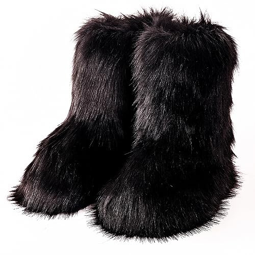 VALPEAKER Fluffy Faux Fur Snow Boots for Women,Furry Warm Winter Boots,Mid-Calf Flat (black5)