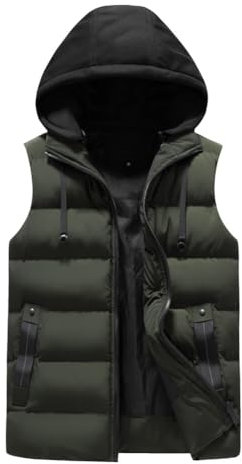 YOUTHUP Men's Gilet with Hood Winter Quilted Body Warmer Thick Windproof Outwear Sleeveless Puffer Coat, Army Green, S