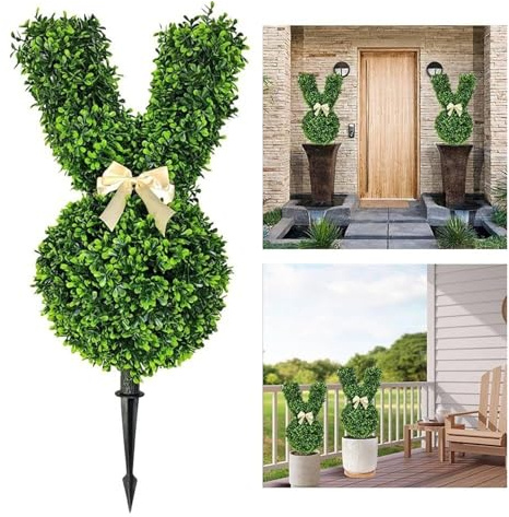 Bunny Topiary Grön konstgjord kaninformad topiary trädkruka Falsk påskhareväxt Påsk utomhusdekorationer Konstgjord kanin Påskkanin Buxbom Topiaries Växt for påskdekoration