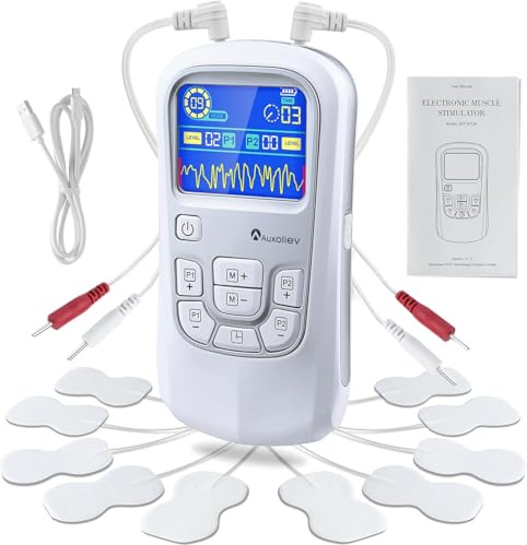Auxoliev TENS Gerät Schmerztherapie，2 Kanäle EMS Gerät，25 Modi und 50 Intensitätsstufen，Reizstromgeräte Gegen Schmerzen mit 10 Elektroden Pads (Silber)