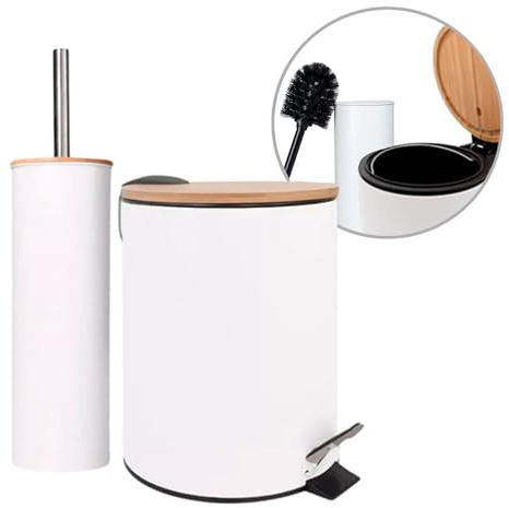 Amig - Pack de Papelera y Escobillero Naturline - Ø168 x 230 mm - Acero y Bambú - Color Blanco - Juego de Baño Compacto y Coordinado - Ideal para Espacios Modernos y Naturales