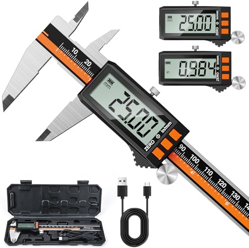 Calibre Digital 150 MM Recargable por USB Type-C IP54, Calibre Pie de Rey con Pantalla LCD Grande, Calibre Vernier Digital Acero Inoxidable 0-150 MM/6, Medidor Precisión Profesional