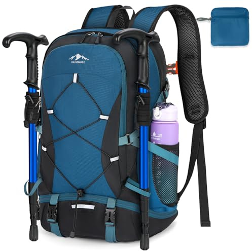 RAINSMORE Hiking Backpack 40L Foldable Lightweight | Rucksack for Men Women Water Resistant Large Backpack for Walking Camping Climbing Travelling Black and Blue