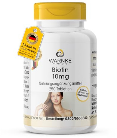 Biotine 10mg - 250 comprimés - 10mg par comprimé - D-biotine - HAUTEMENT DOSÉ - Qualité pharmaceutique allemande - vegan | Warnke Vitalstoffe