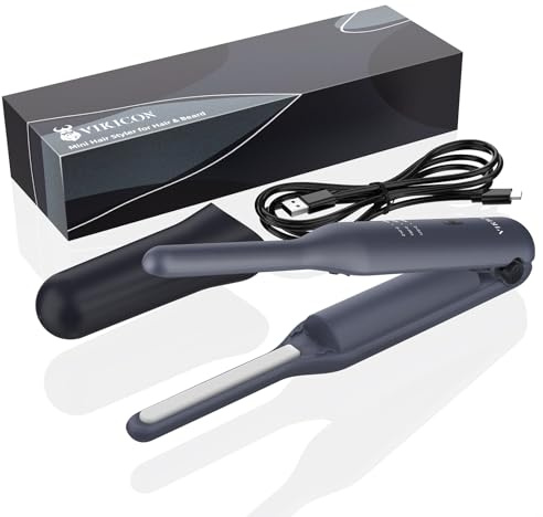 VIKICON Raddrizzatore per barba da uomo, senza fili, mini piastra per capelli ricaricabile, 3 impostazioni di calore, piastra e arricciacapelli portatile 2 in 1