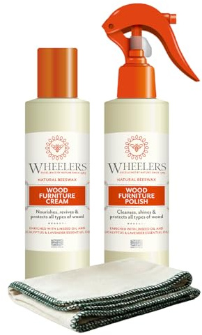 Wheelers Natural Beeswax Wood Care Kit (Beeswax Furniture Polish Spray, Cream and Cloth) Infused with Essential Oils, Nourish, Protect and Revive All Types of Wood - Made in UK