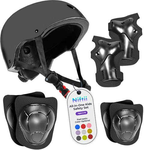 Niftii Kids Helmet with Pads - Adjustable Multi-Sport Complete Safety Gear for Cycling, Skateboarding & Scooting, Ideal for Boys & Girls Ages 3-15 Kids Bike Helmet Set, Black