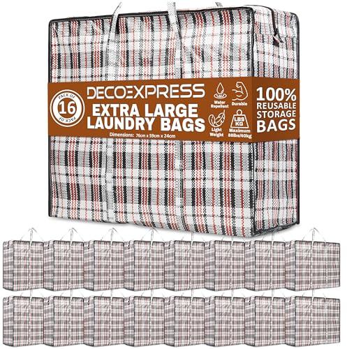 DECO EXPRESS Laundry Bags XXL, Pack of 16, 107L Strong, Durable & Reusable Extra Large Storage Bags with Zips, Ideal for Moving, Shopping, Packing, Laundry & Clothes Storage (76 X 59 X 24 CM)
