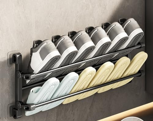 Scarpiera a Muro, Portascarpe Pieghevole A 2 Livelli Portascarpe da Porta Salvaspazio Senza Forare Portascarpe da Parete, Tubi in Plastica e Metallo, Armadio Ingresso Cucina Bagno