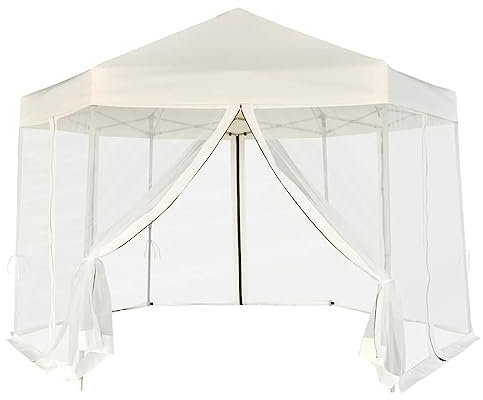 Hexagonal pop-up-tält med 6 sidoväggar krämvitt 3,6 x 3,1 m, CIADAZ paviljong, partytält, trädgårdspaviljong, hopfällbar paviljong, racingtält, anställningspaviljong, tält trädgård – 42109
