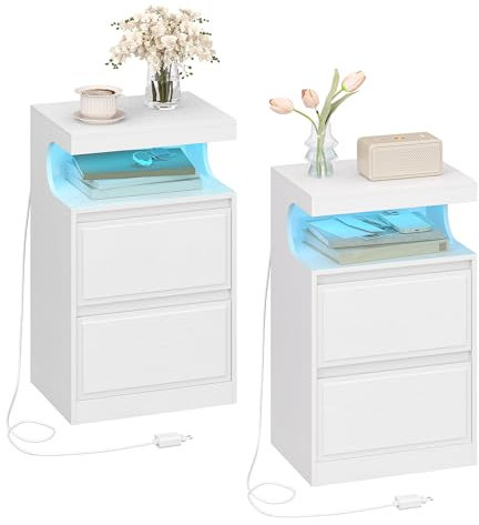 Hzuaneri Nachttisch 2er Set mit LED-Beleuchtung, Beistelltisch mit 2 Schubladen, Nachttische mit offenen Fach, Verstellbares Licht, für Schlafzimmer, Wohnzimmer, 30 x 40 x 60 cm Weiß NS49213X