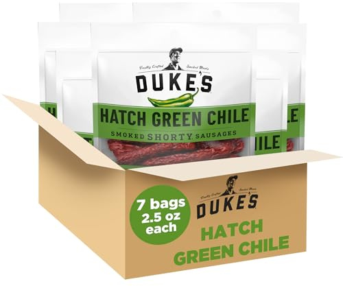 Duke's Pork Hatch Green Chile Smoked Shorty Sausages, 7g Protein Per Serving, 2.5 oz. Snack Bags (Pack of 7)