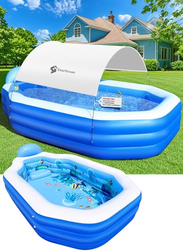 Inflatable Pool with Canopy, Large Inflatable Swimming Pool for Adult, Blowup Pools with Seats,Backrest.Durable Thickened Inflatable Pools for Backyard,118x75x22-Gray
