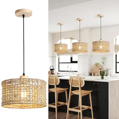 Schindora Lámpara de dormitorio de 30 cm, de ratán, 1 luz, lámpara de salón bohemia tejida a mano, E27, vintage, lámpara de cocina para dormitorio, salón o mesita de noche